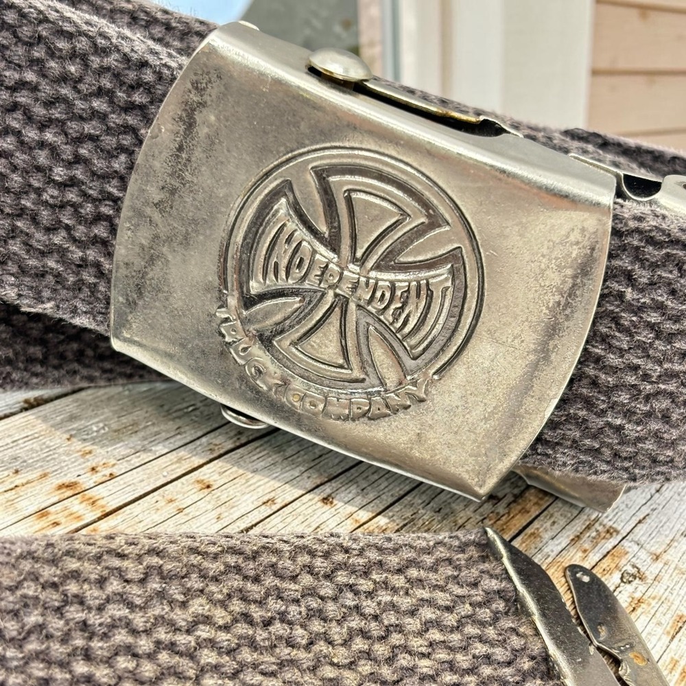 Vintage Web Belt Independent Truck Co 41" Brown Gray Canvas Embossed Logo Buckle